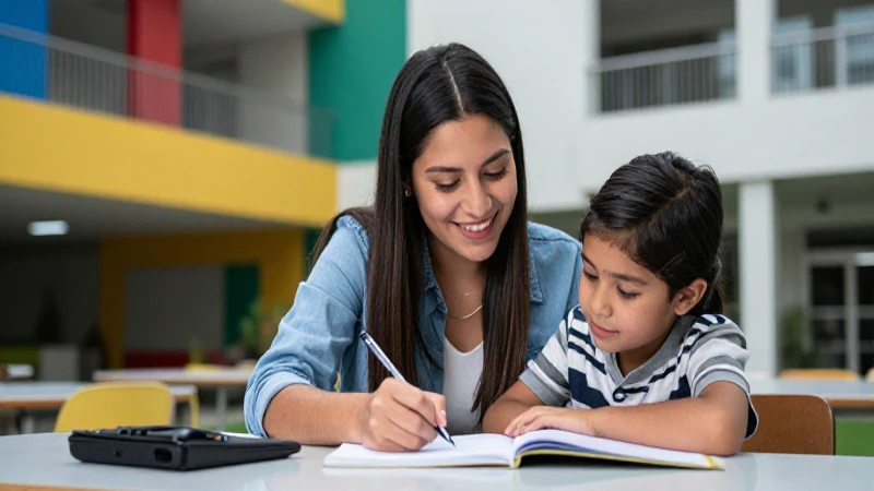 Madre mexicana sonriente con su hijo en la universidad