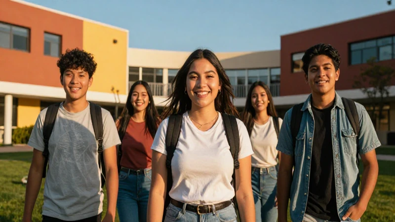 Estudiante sonríe en campus universitario vibrante al atardecer