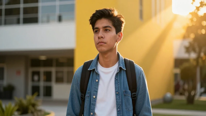 Estudiante mexicano en universidad moderna con luz dramática