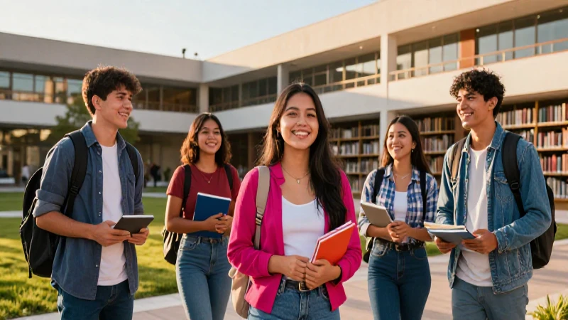 Estudiantes sonrientes en librería bajo luz dorada