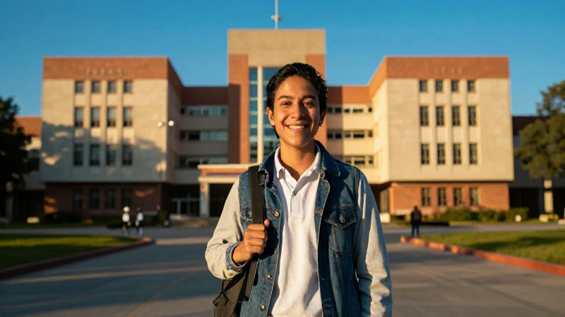 Estudiante mexicana sonríe en moderno campus bajo luz dorada