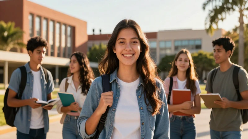 Estudiante mexicano en campus con luz dorada. (6 palabras)