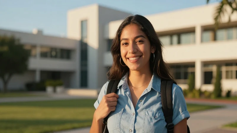 Estudiante sonriente en campus universitario al atardecer