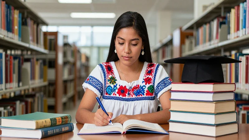 Estudiante mexicano tradicional estudia en biblioteca moderna