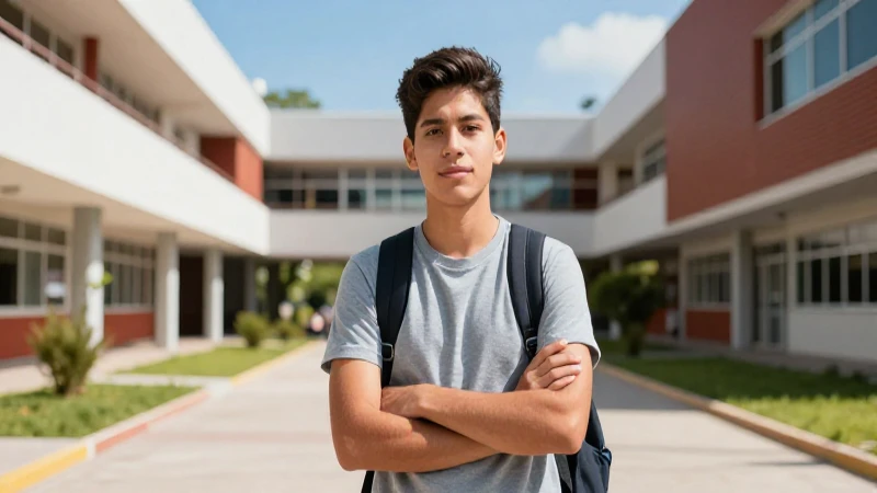 Joven mexicano en campus, imagen visualmente impactante