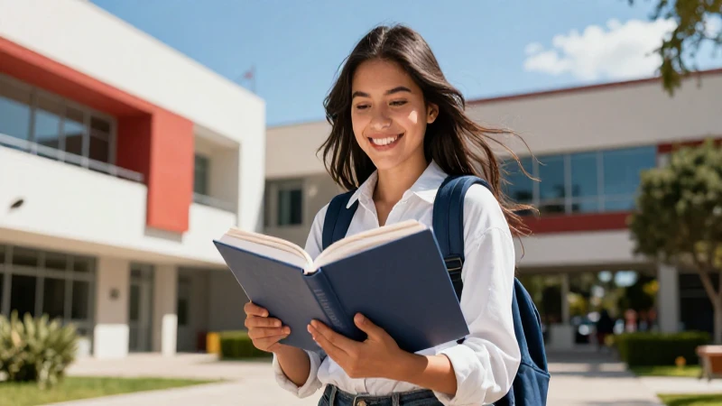 Estudiante mexicano feliz en campus moderno