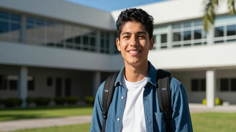 Estudiante sonriente y confiado en campus moderno