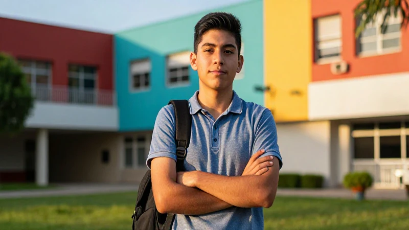 Estudiante mexicano sonriente en campus moderno