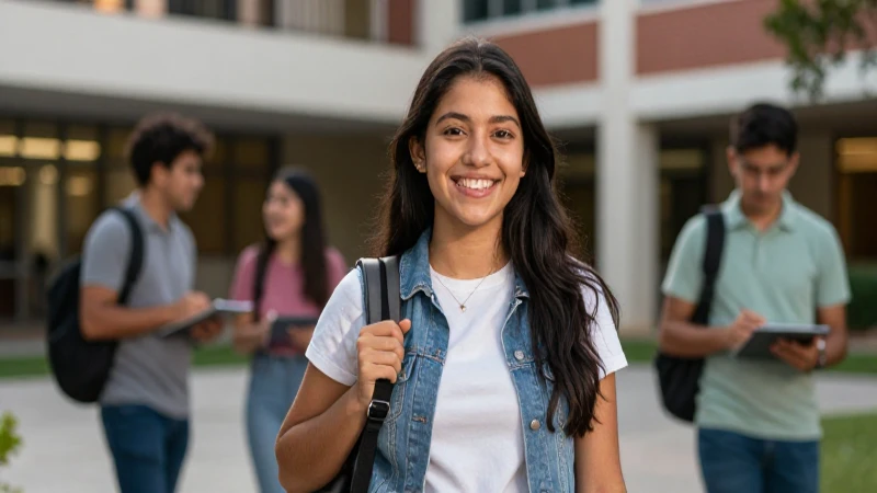 Estudiante sonríe en campus universitario moderno
