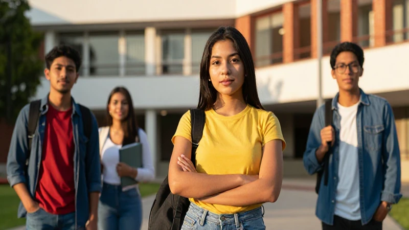 Estudiante mexicano, confianza, campus vibrante y aspiracional