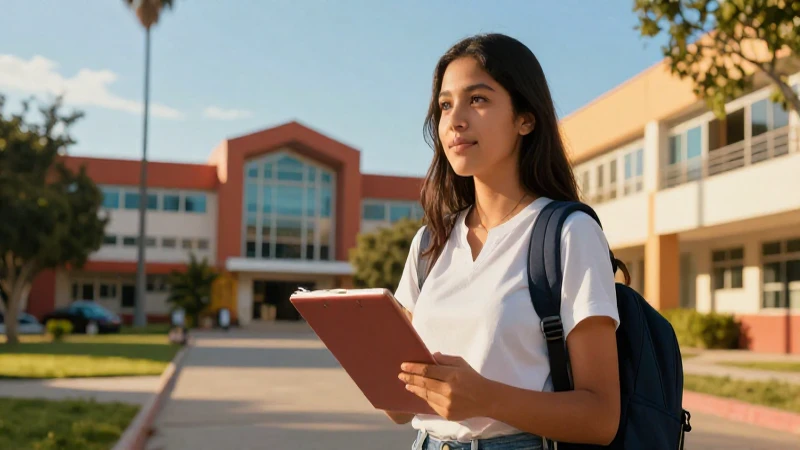 Estudiante mexicano en campus, vibrante luz dorada