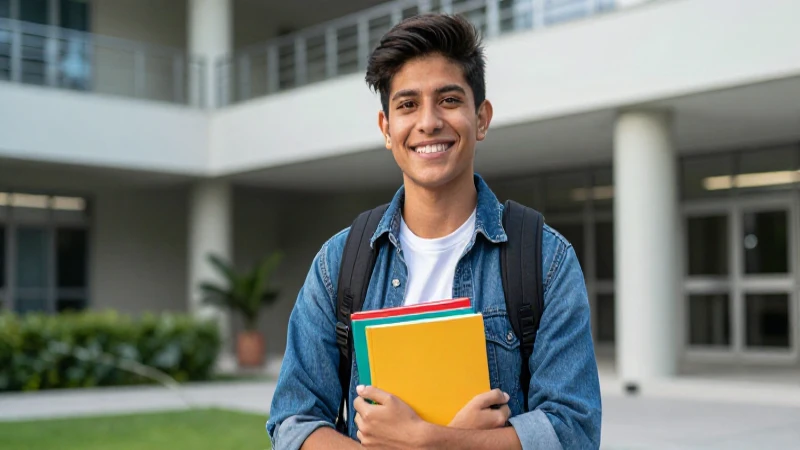 Estudiante sonríe en moderno campus universitario