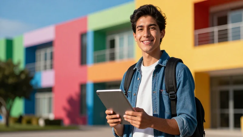 Joven estudiante mexicano confiado con tableta en campus