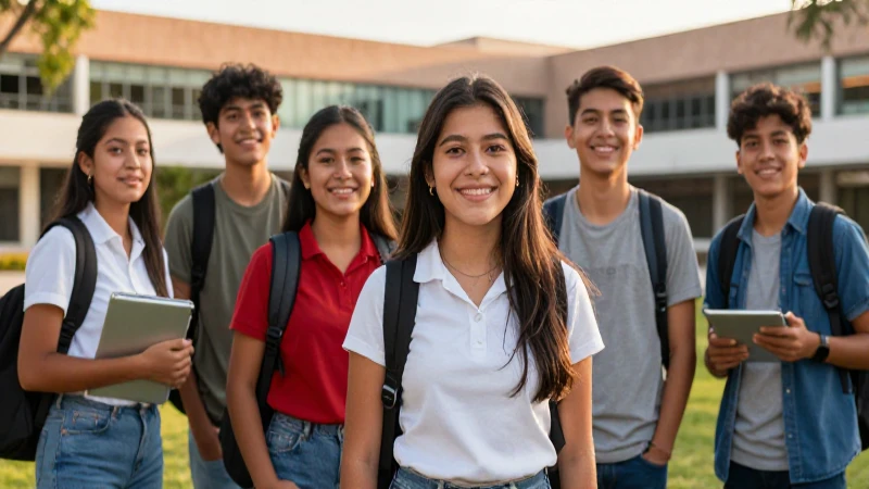 Estudiantes mexicanos sonrientes en campus moderno