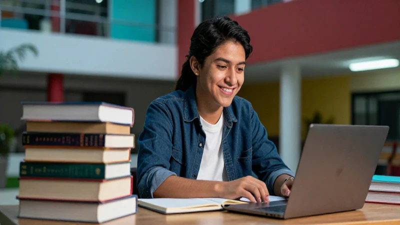 Estudiante mexicano sonriente en campus moderno