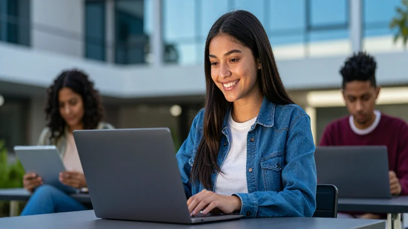 Joven mexicano en campus con laptop moderna