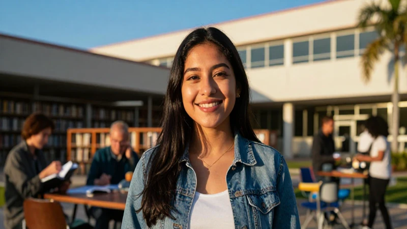 Estudiante sonriente en biblioteca moderna