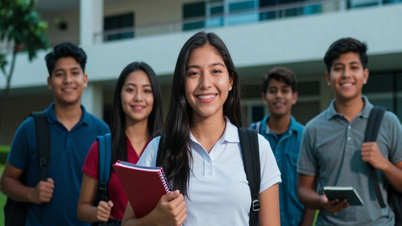 Estudiantes mexicanos alegres en campus vibrante