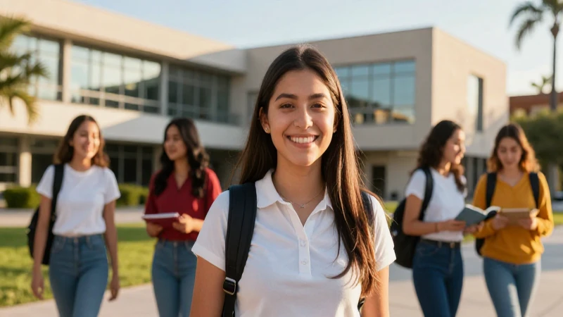 Estudiante mexicana sonriente en campus moderno