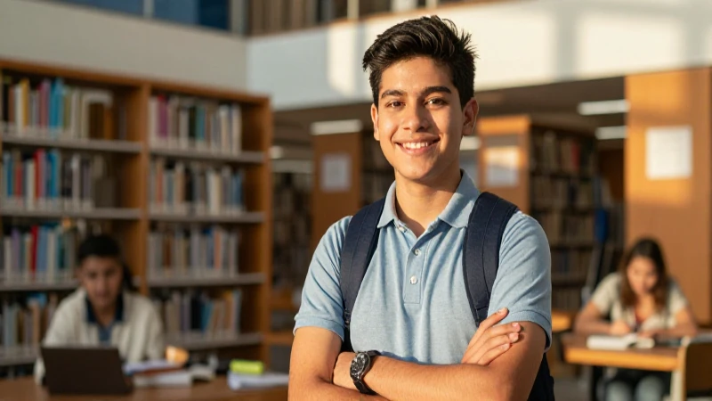 Estudiante mexicano sonríe en biblioteca moderna