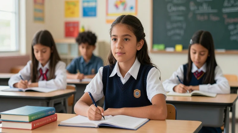 Estudiante mexicano en clase, luz brillante y colores vibrantes