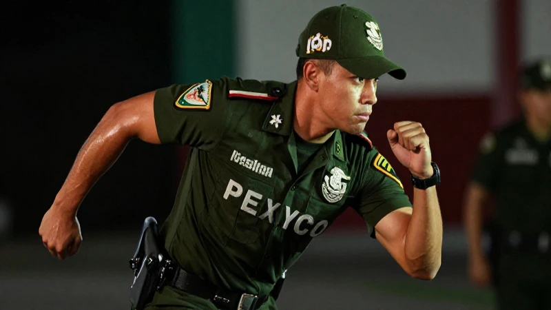 Policía mexicana en acción, mirada intensa y enfoque