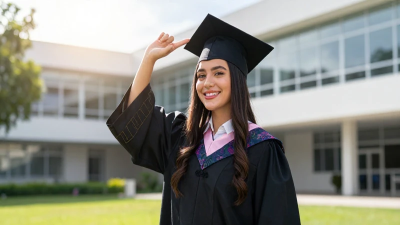 Estudiante mexicano egresando en campus brillante y moderno