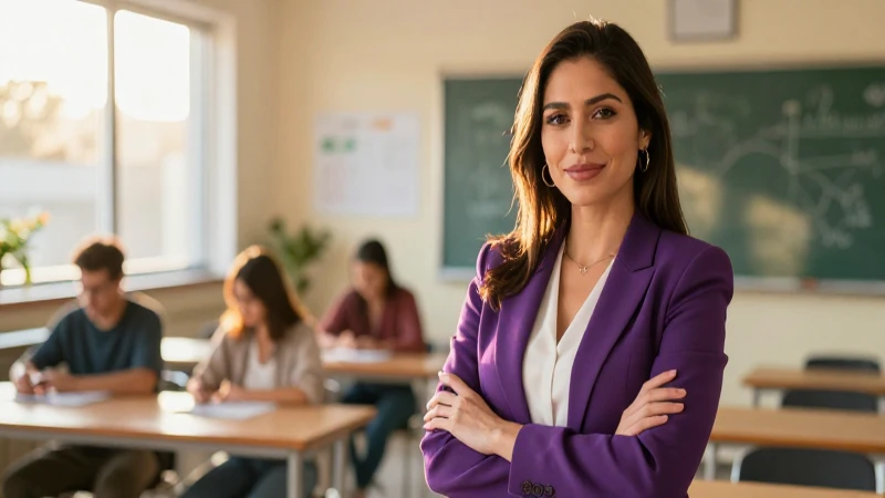 Maestra latina en aula moderna y profesional