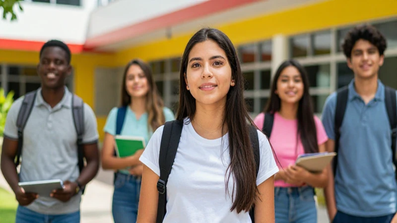 Estudiante mexicano optimista en moderno campus