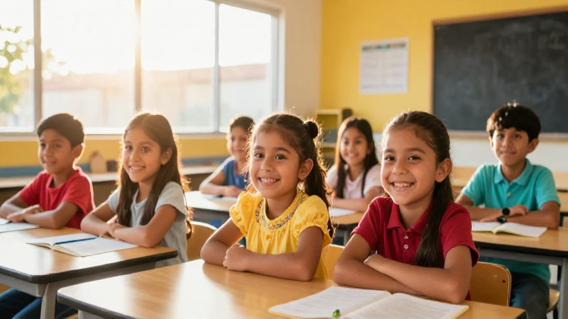 Niños mexicanos sonriendo en un aula brillante