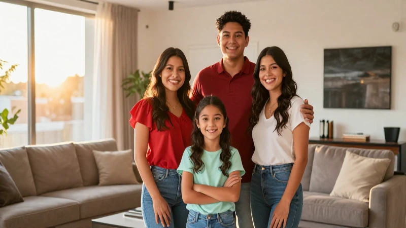 Familia mexicana en moderno salón al atardecer