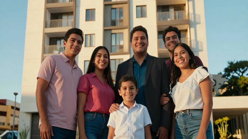 Familia mexicana feliz en entorno urbano moderno