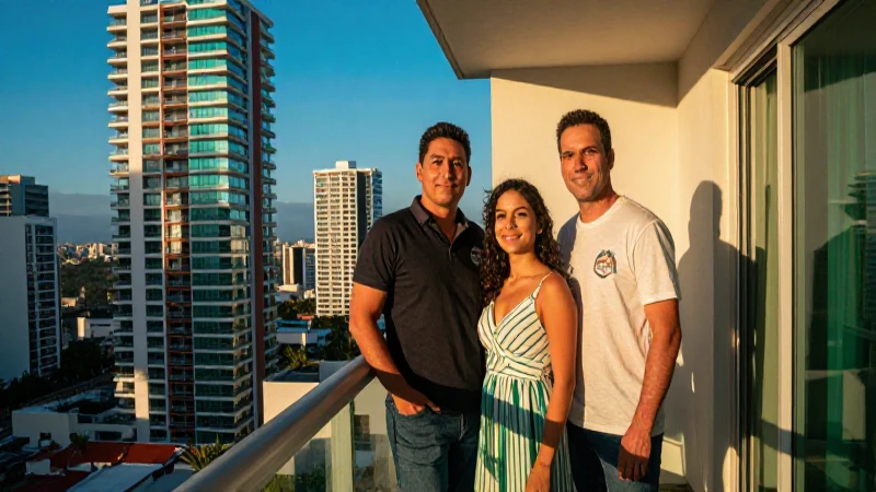 Familia mexicana orgullosa en balcón urbano moderno