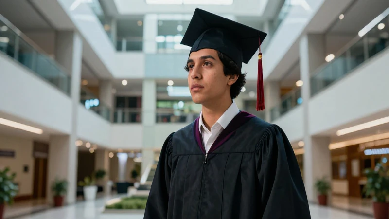 Estudiante concentrado en moderno campus tecnológico