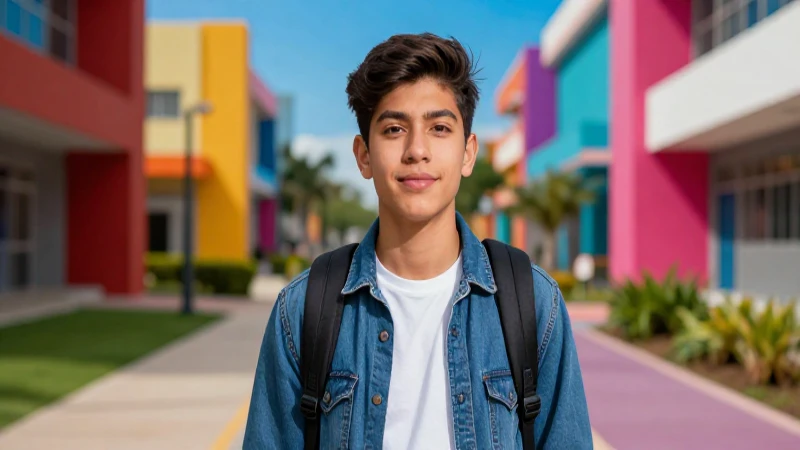 Estudiante mexicano soñador en campus vibrante