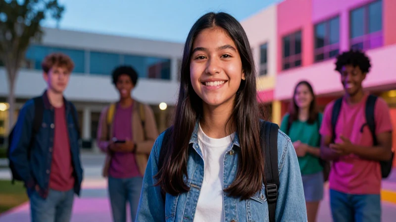 Estudiante mexicano sonriente en campus moderno y vibrante