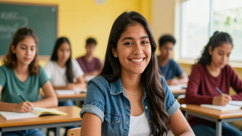 Estudiante mexicano sonriendo en aula moderna