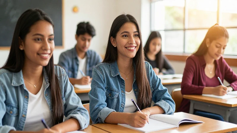 Estudiante mexicano sonríe en clase vibrante