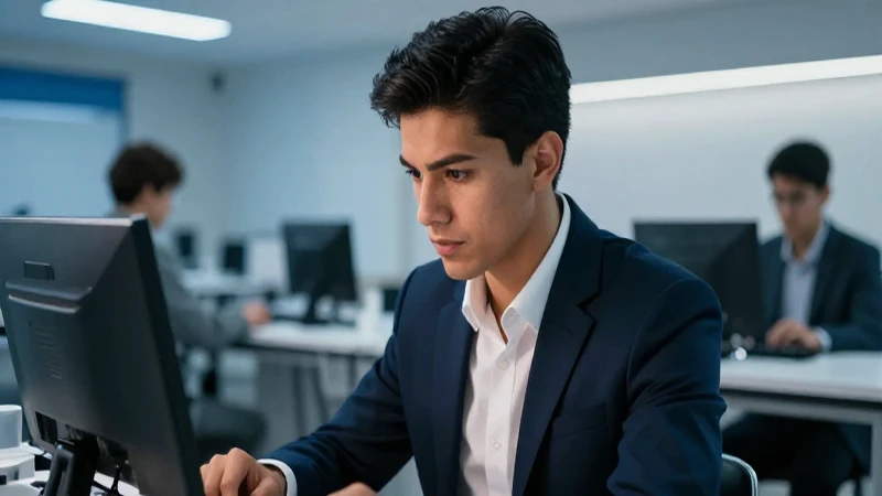 Joven mexicano en prueba tecnológica, mirada intensa y moderna