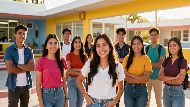 Jóvenes mexicanos sonrientes en campus moderno