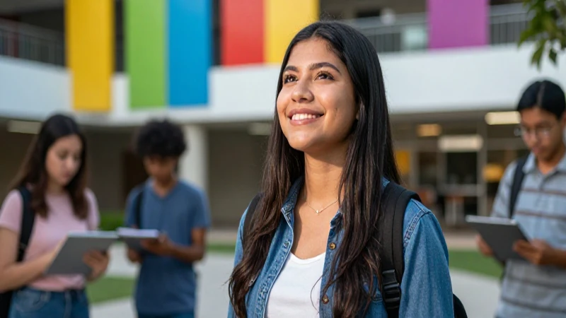 Joven mexicano sonríe con esperanza en un campus universitario vibrante