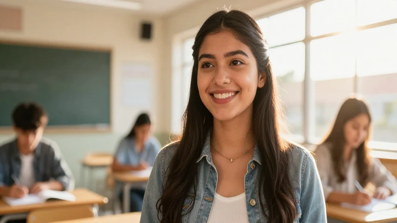 Mujer mexicana orgullosa en aula moderna