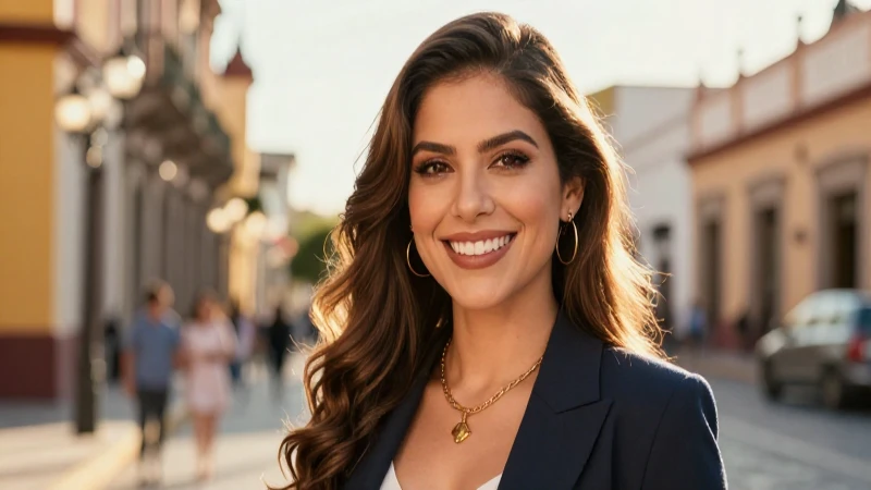 Mujer mexicana sonriente en moda, con iluminación dorada