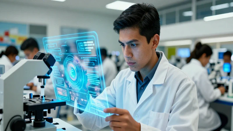 Estudiante mexicano estudiando ciencia moderna con datos holográficos