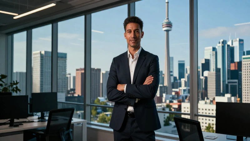 Profesional confiada con vista al moderno horizonte de Toronto