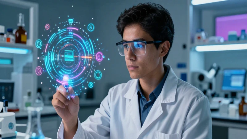 Investigador mexicano en laboratorio tecnológico con datos