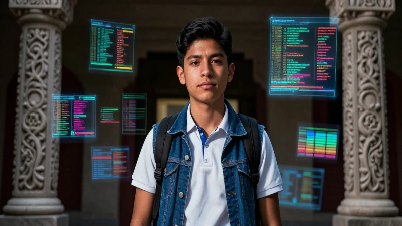 Retrato vibrante de estudiante mexicano con hologramas