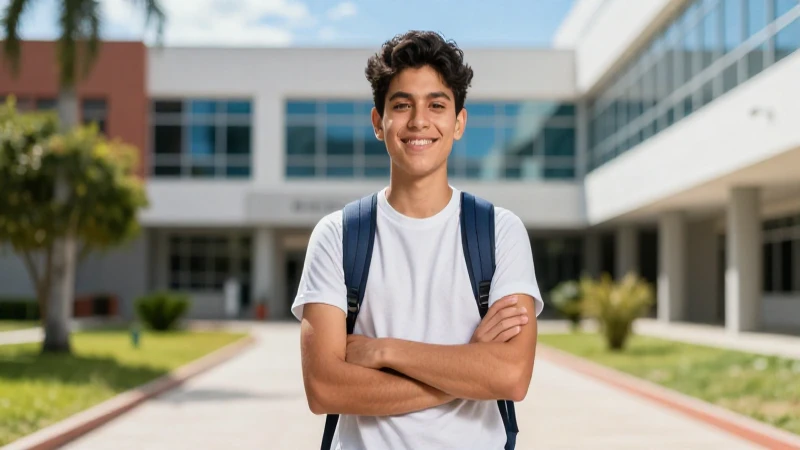 Joven estudiante mexicano en campus moderno