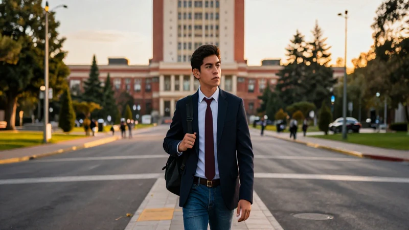 Joven estudiante mexicano entre culturas, luz dorada