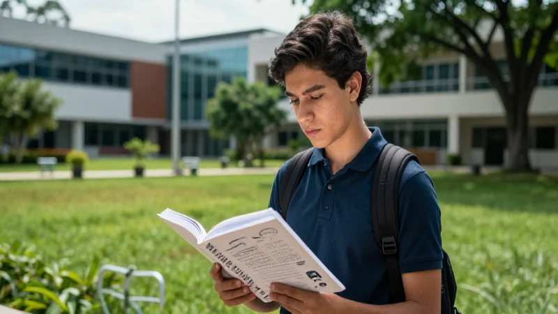Estudiante mexicano estudiando en campus moderno y detallado
